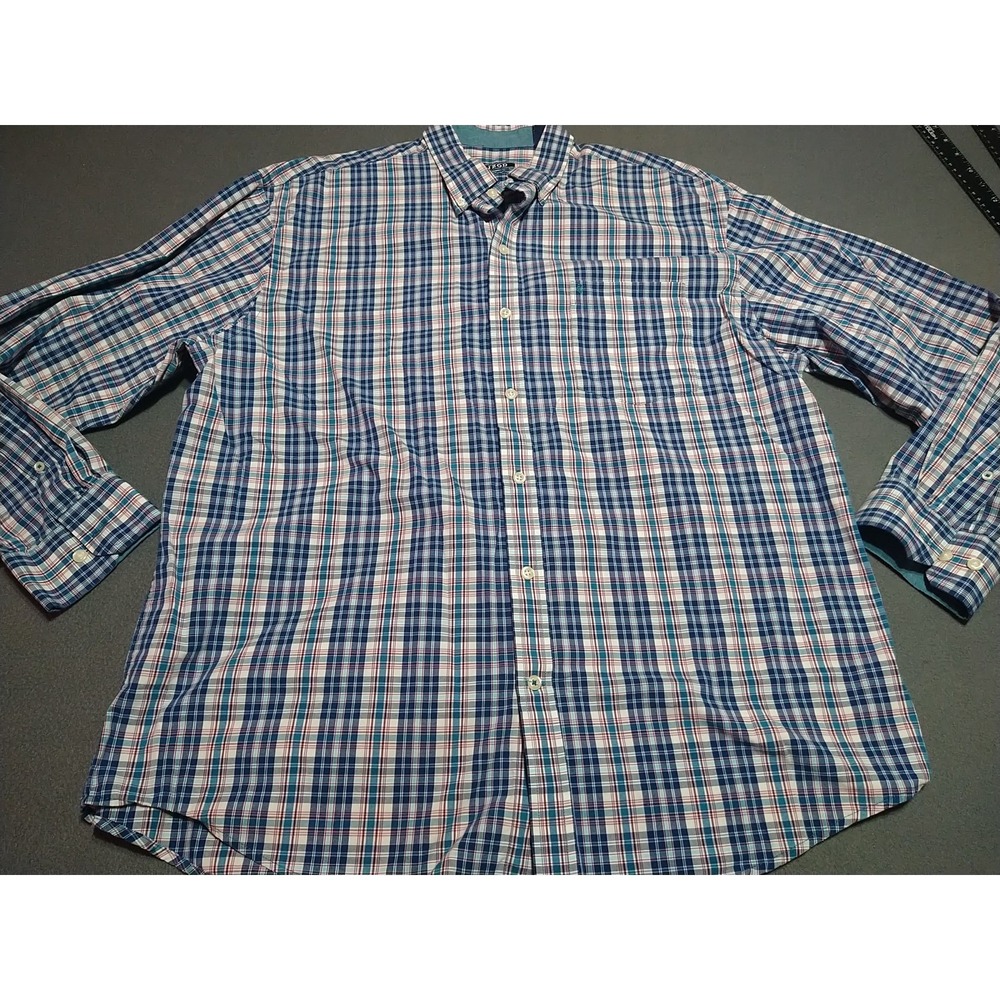 Izod Shirt Men XL Blue Plaid Long Sleeve Office Nerd Preppy College Classic‎ Dad